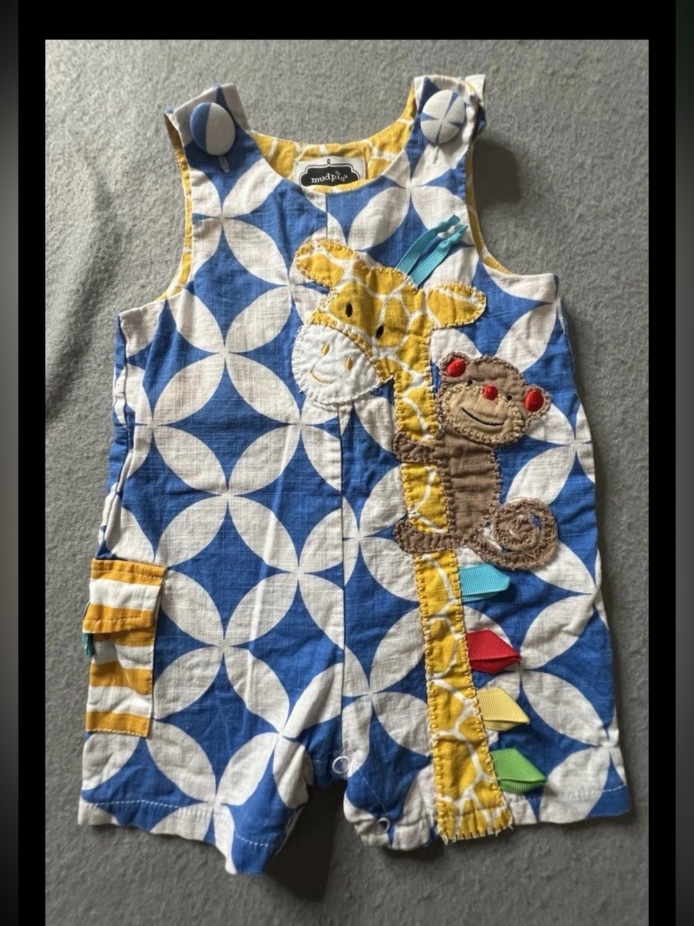 Mudpie Boys Girls Fabric Shortalls 6-9 Months Giraffe Monkey Blue White Yellow